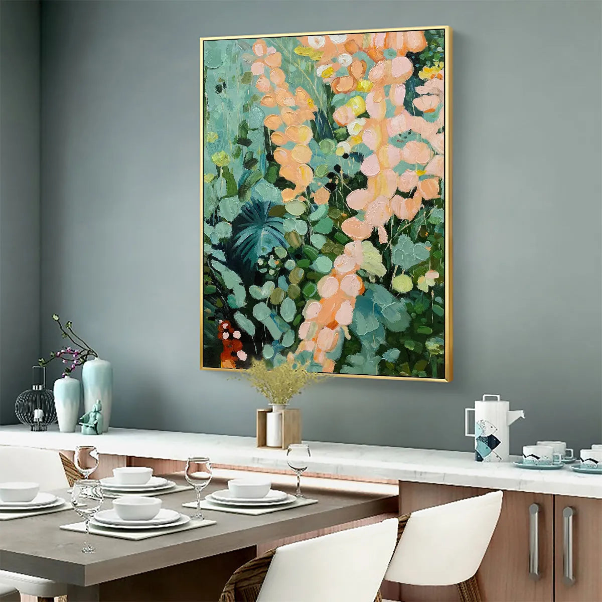 SECRET GARDEN: Vertical Abstract Floral Painting, Textured Green and Pink Garden, Living Room, Bedroom, Dining Room