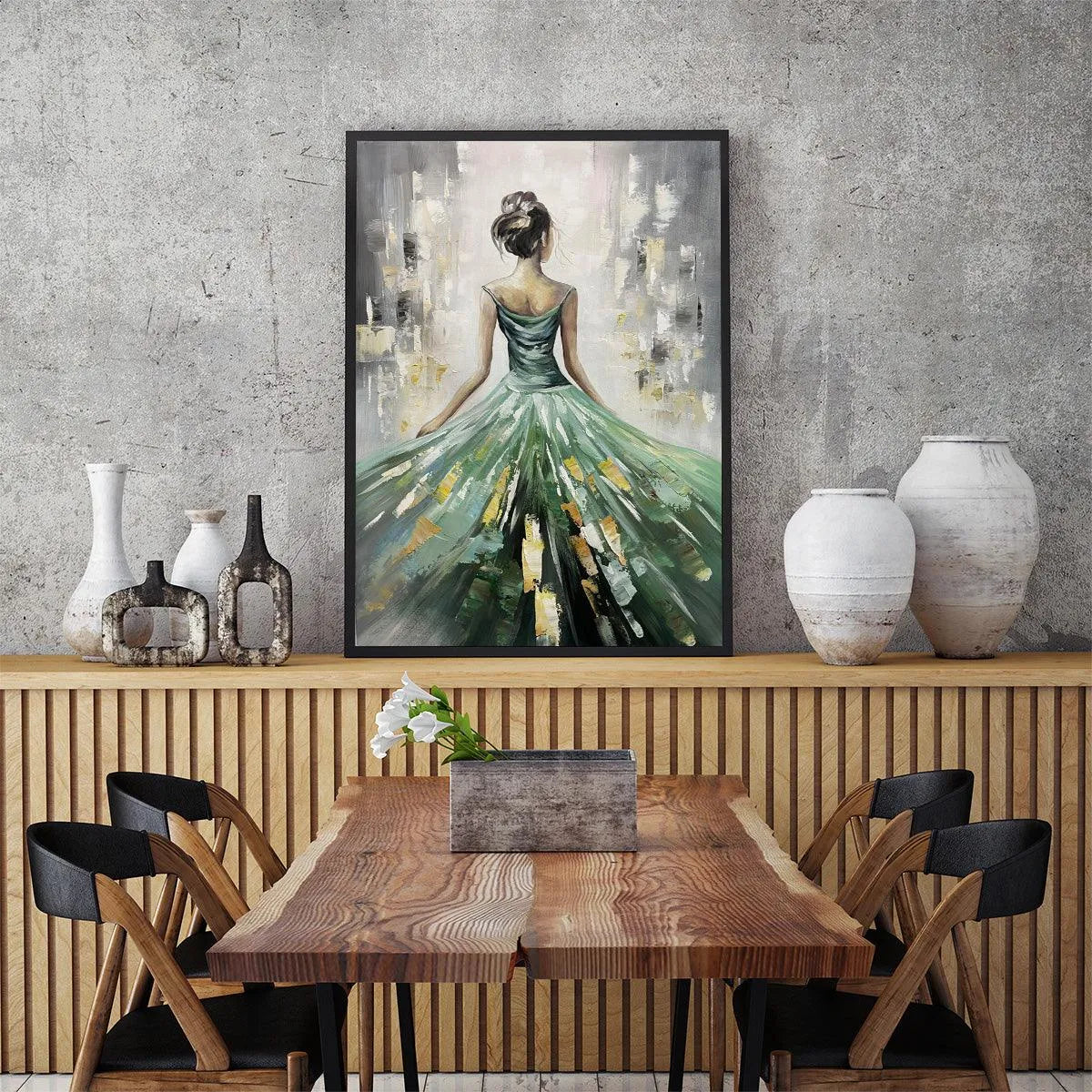 EMERALD GRACE: Elegant Woman in Green Dress, Vertical Canvas, Figurative Wall Art