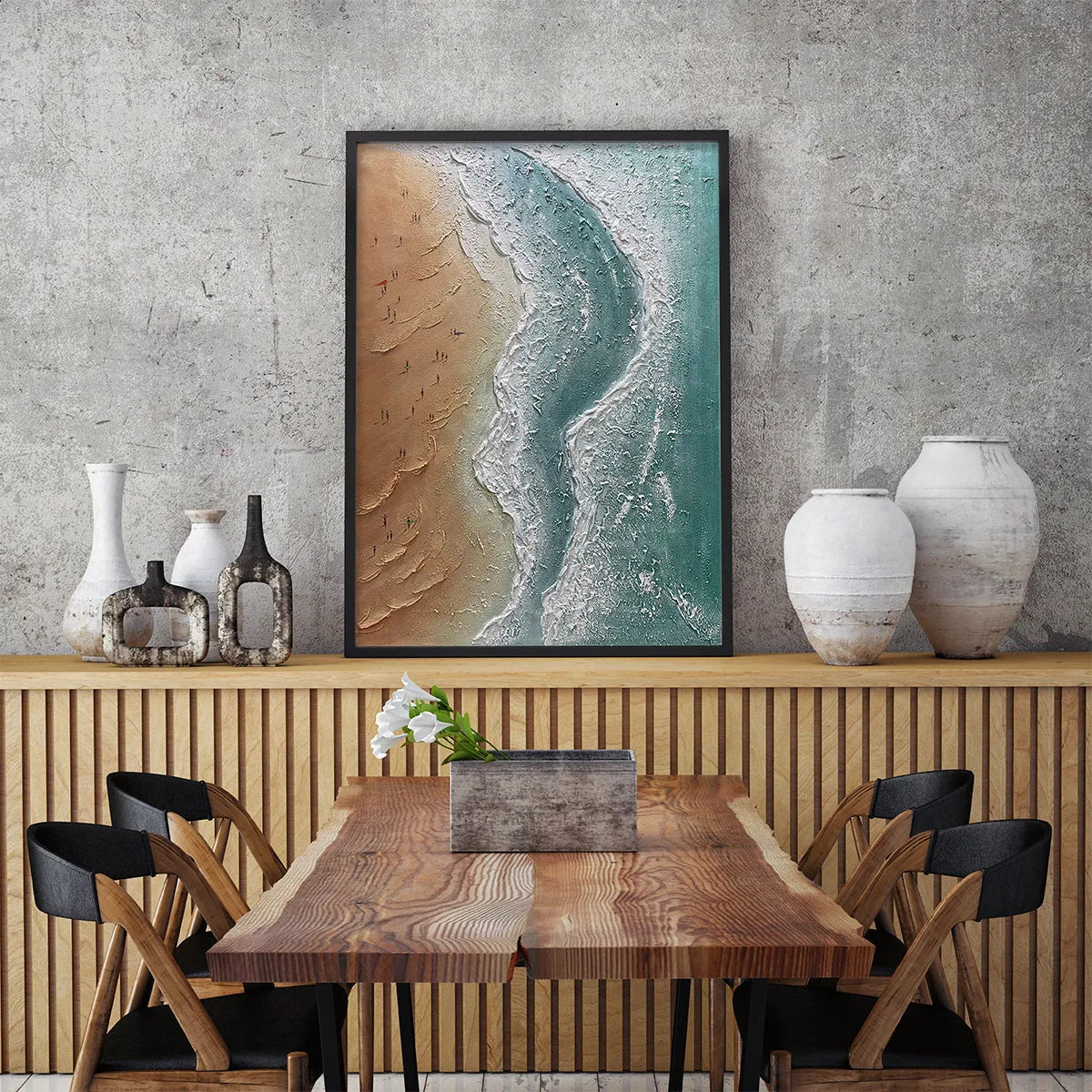 COASTAL SERENITY: Textured Beach Painting, Ocean View, Beige, Blue, Living Room, Bedroom