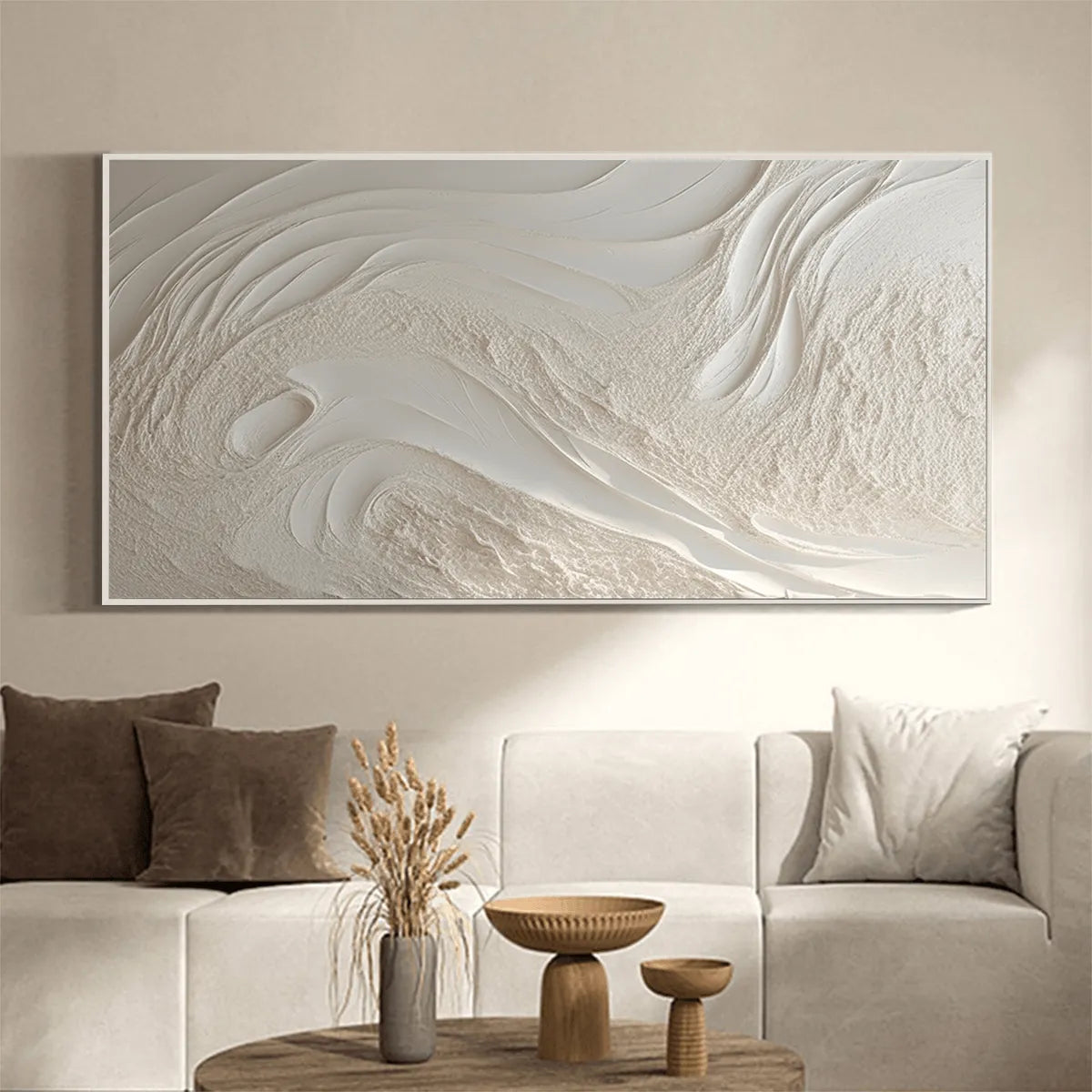 WHITE SANDS: Textured Abstract Painting in Off-White, Panoramic Canvas, Minimalist Wall Art