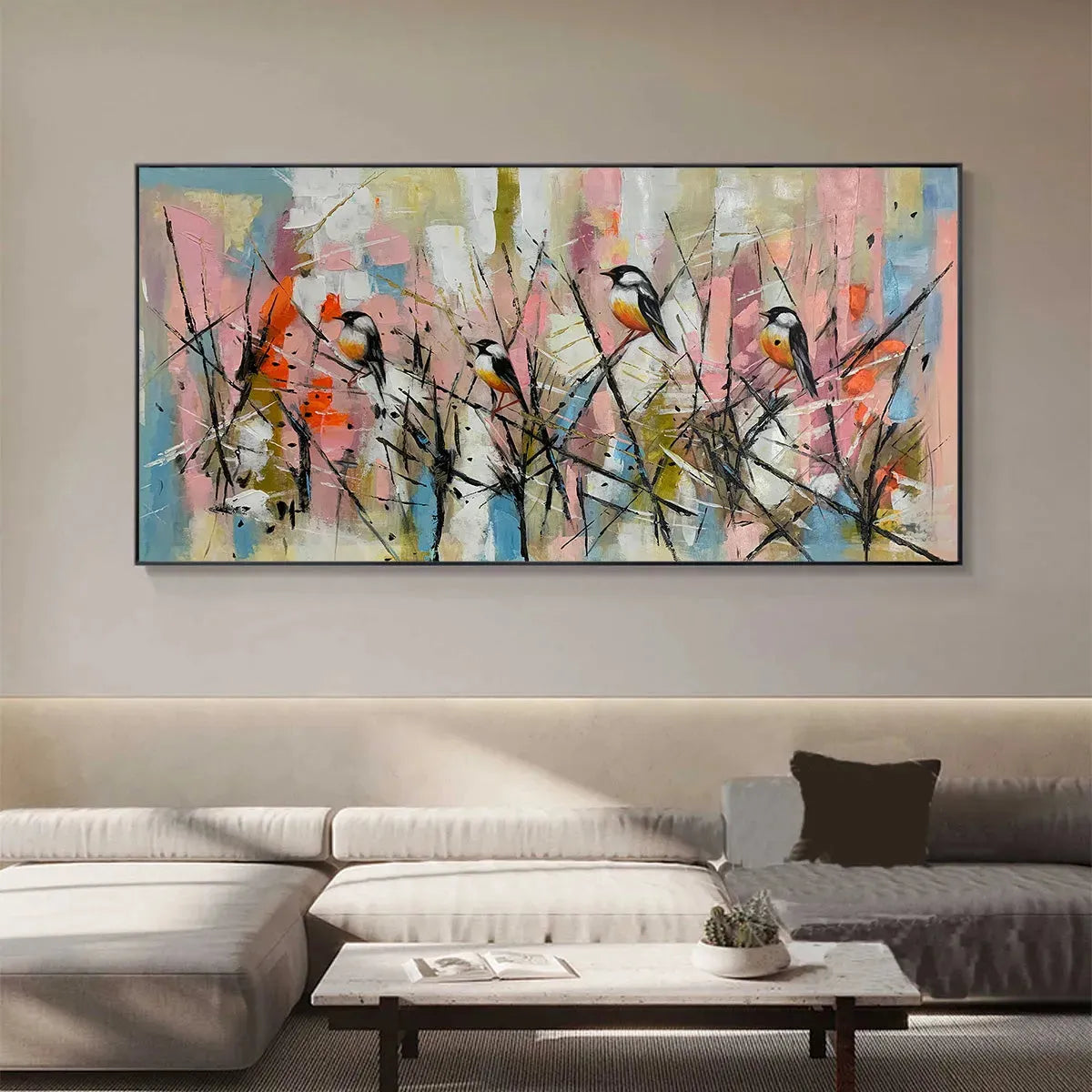 WHIMSICAL BIRDS: Panoramic Painting of Birds on Branches, Pastel Colors, Modern Wall Art, Pink, Blue