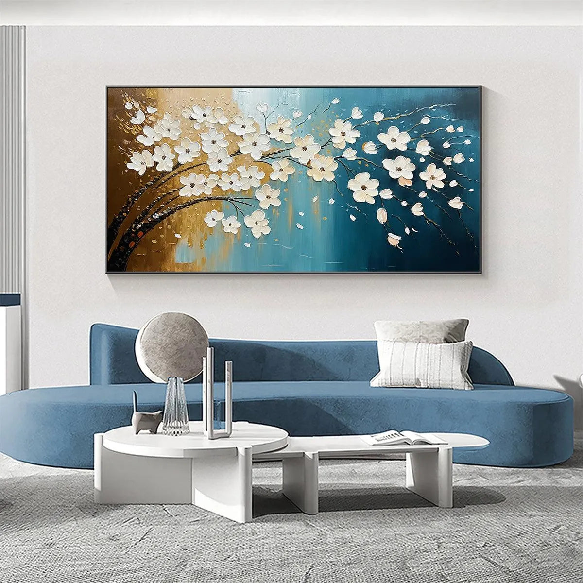 Hand-Painted Floral Tree Oil Painting - Blue & Gold