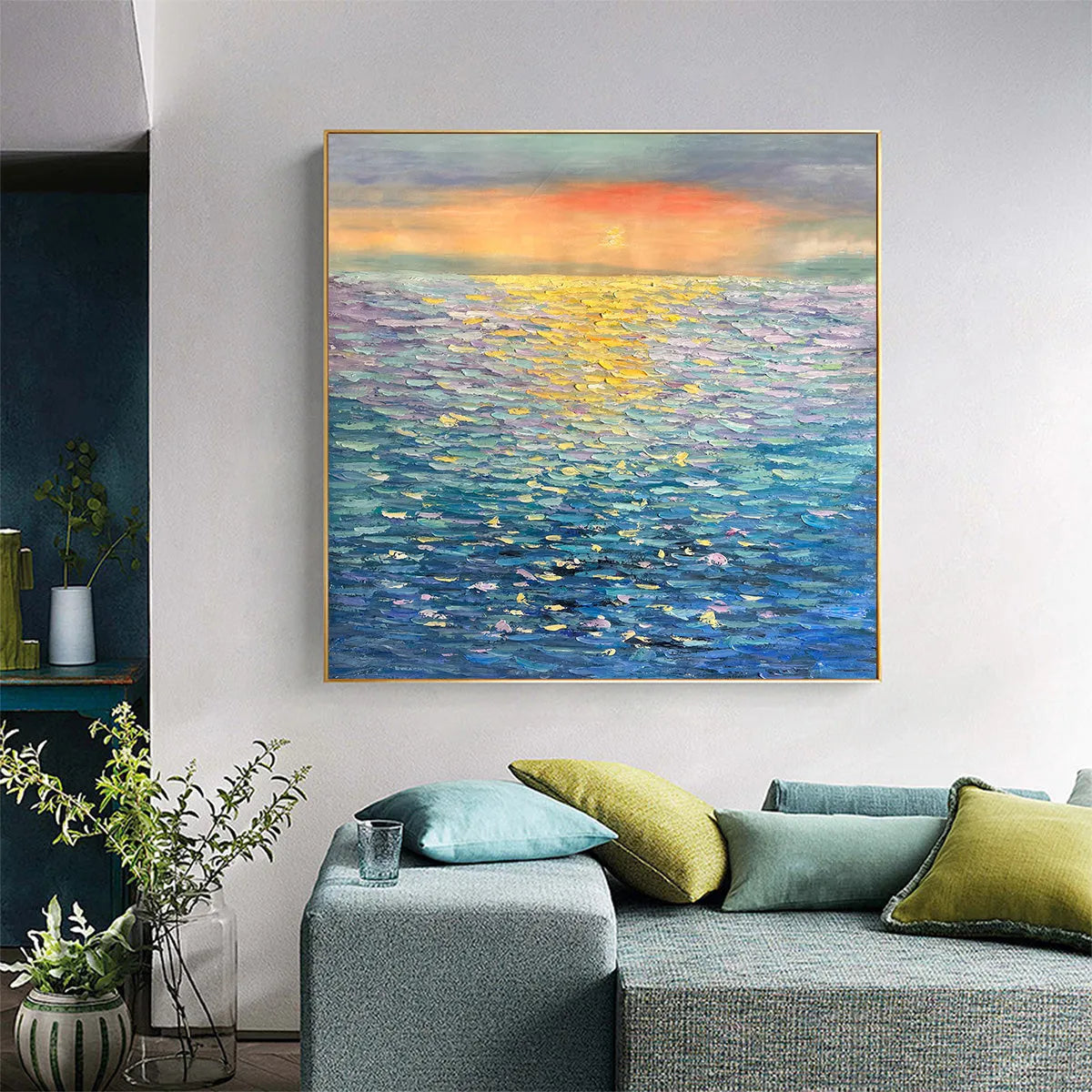 GOLDEN SUNSET OVER WATER: Square Textured Seascape Painting, Palette Knife Ocean Sunset, Blue, Living Room, Bedroom