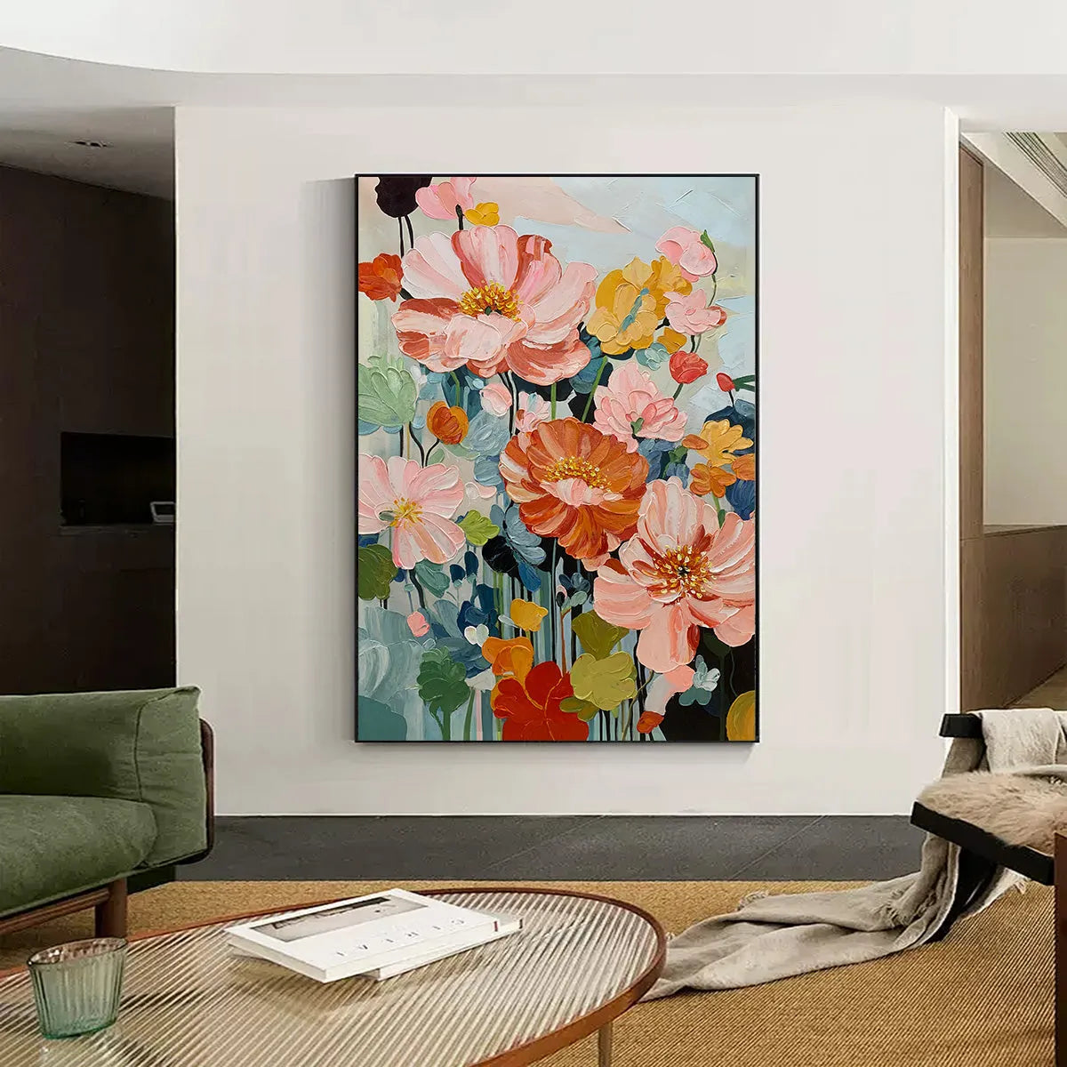 SPRING BOUQUET: Vertical Textured Floral Painting, Impasto Pink and Orange Flowers, Living Room, Bedroom, Dining Room