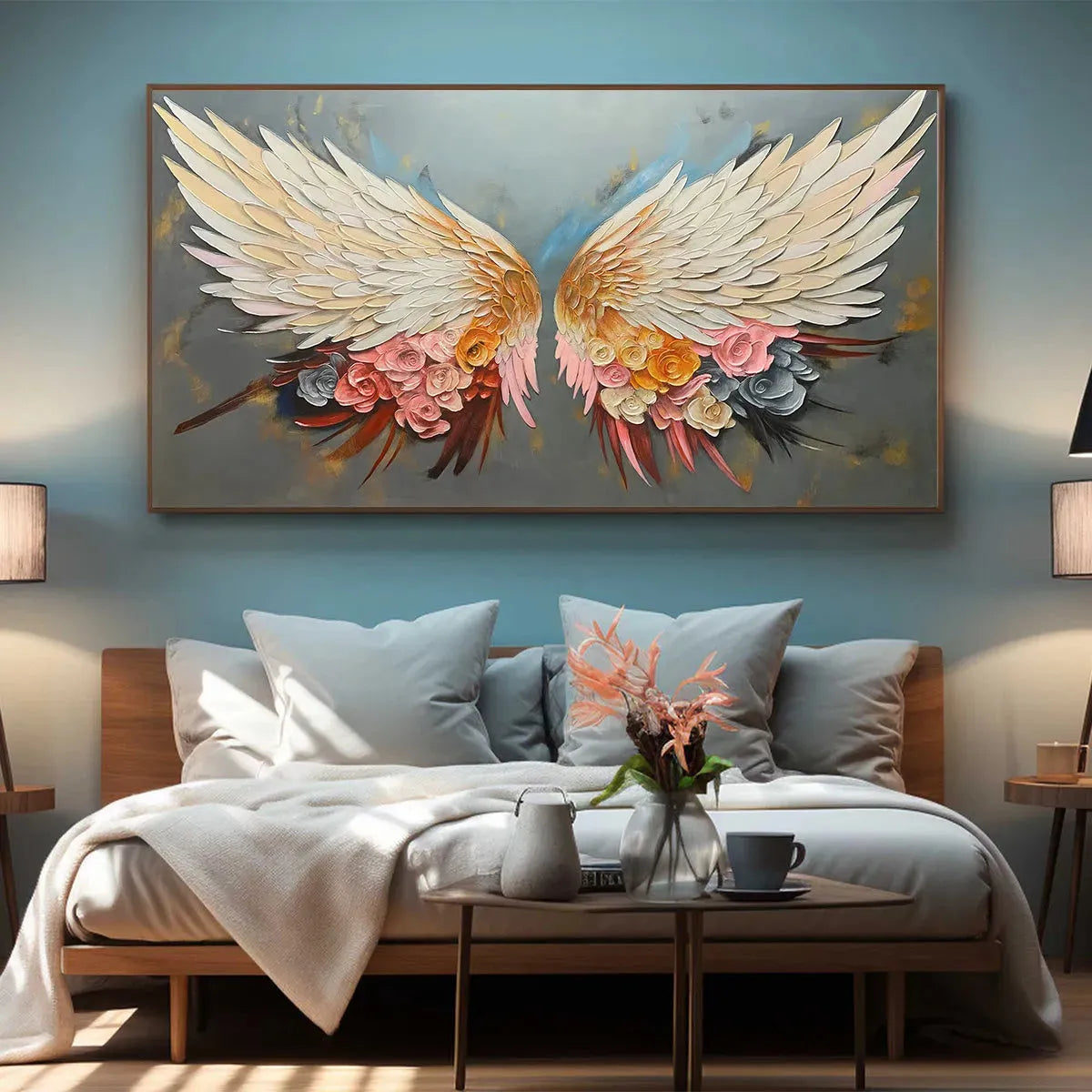 ANGEL WINGS: Panoramic Textured Impasto Painting of Floral Angel Wings, Romantic Wall Art, Bedroom Decor