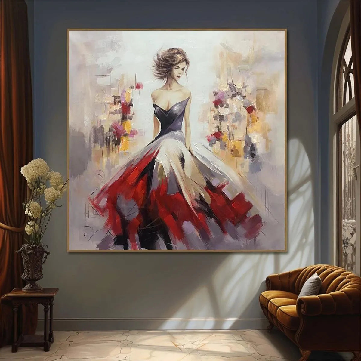 Elegant Lady in Red Dress Oil Painting - Abstract Art