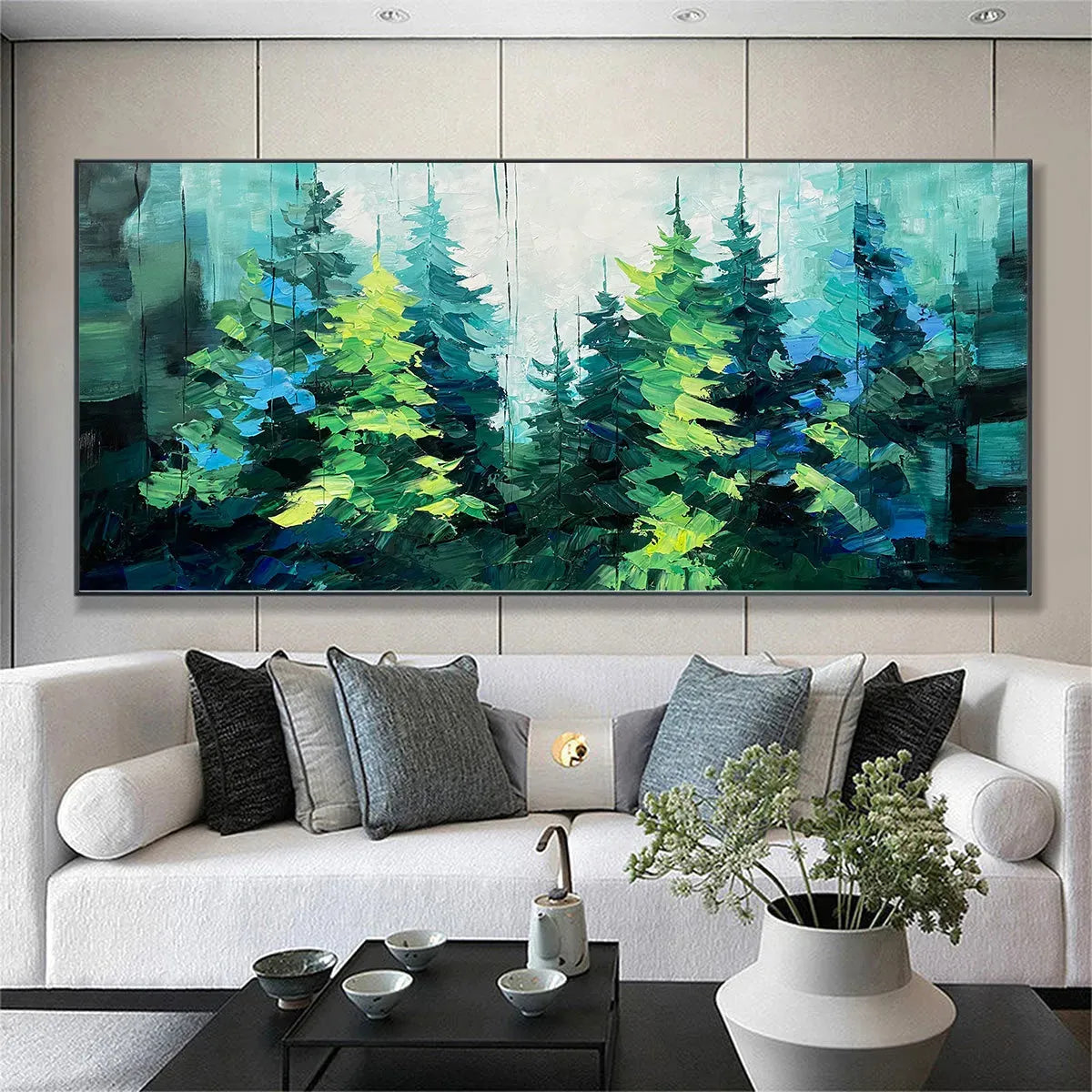 EMERALD FOREST: Panoramic Landscape Painting of an Evergreen Forest, Textured Impasto, Modern Wall Art, Green