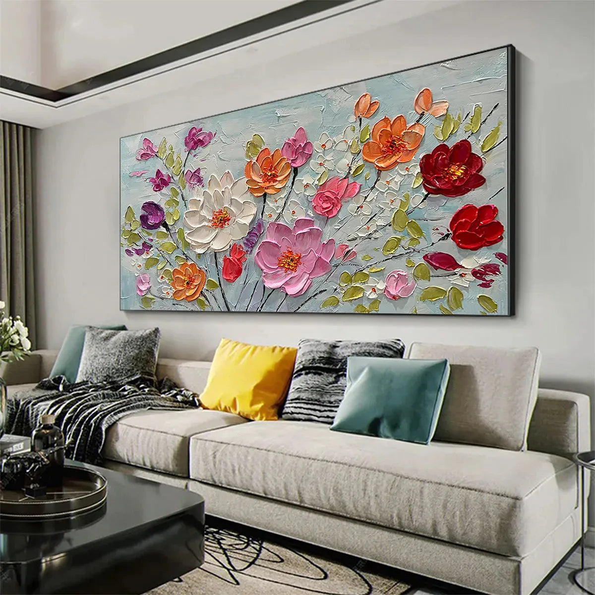 SPRING BOUQUET: Panoramic Impasto Painting of Colorful Flowers, Textured Floral Wall Art for Living Room, Bedroom