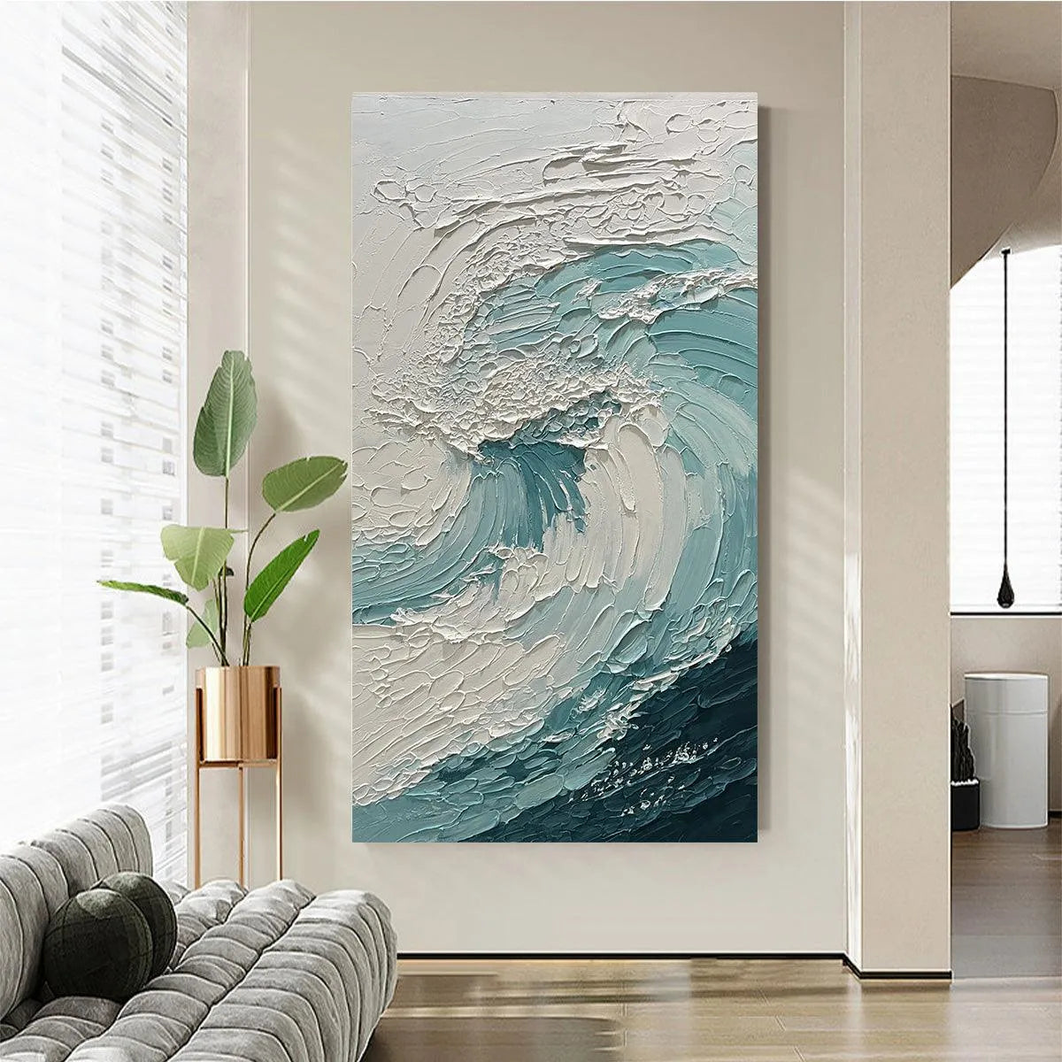 AQUAMARINE CREST: Textured Ocean Wave Painting, Vertical Canvas, Coastal Wall Art