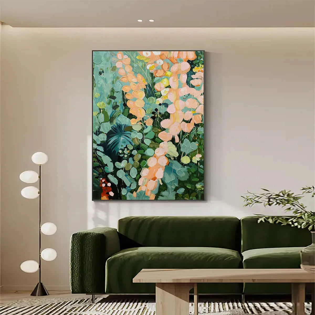 SECRET GARDEN: Vertical Abstract Floral Painting, Textured Green and Pink Garden, Living Room, Bedroom, Dining Room