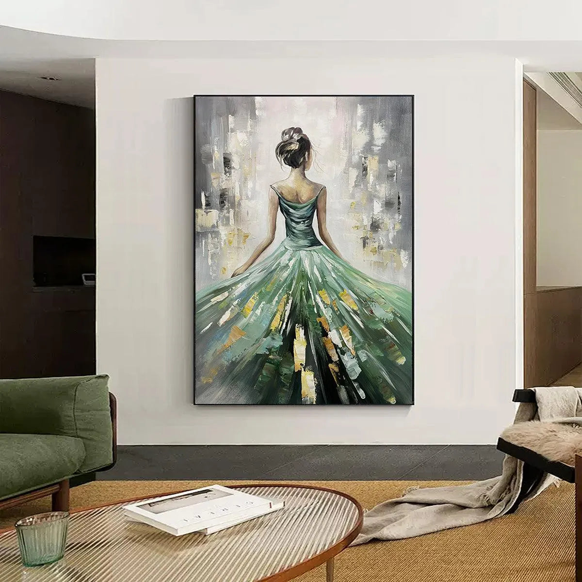 EMERALD GRACE: Elegant Woman in Green Dress, Vertical Canvas, Figurative Wall Art