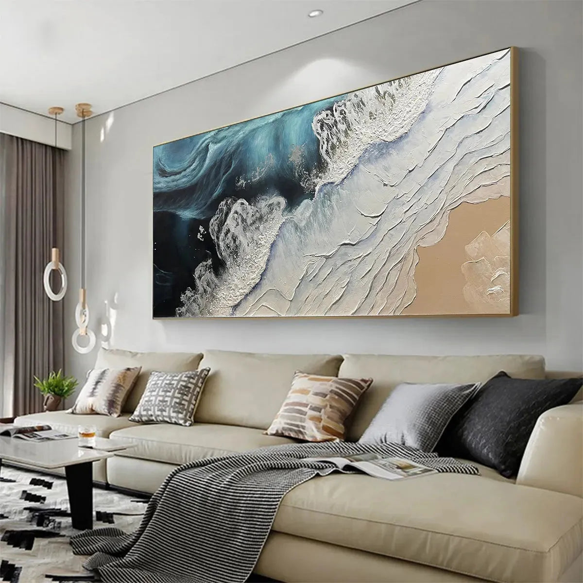 OCEAN’S EMBRACE: Ocean Painting in Blue, White, and Beige, Textured Canvas, Modern Wall Art