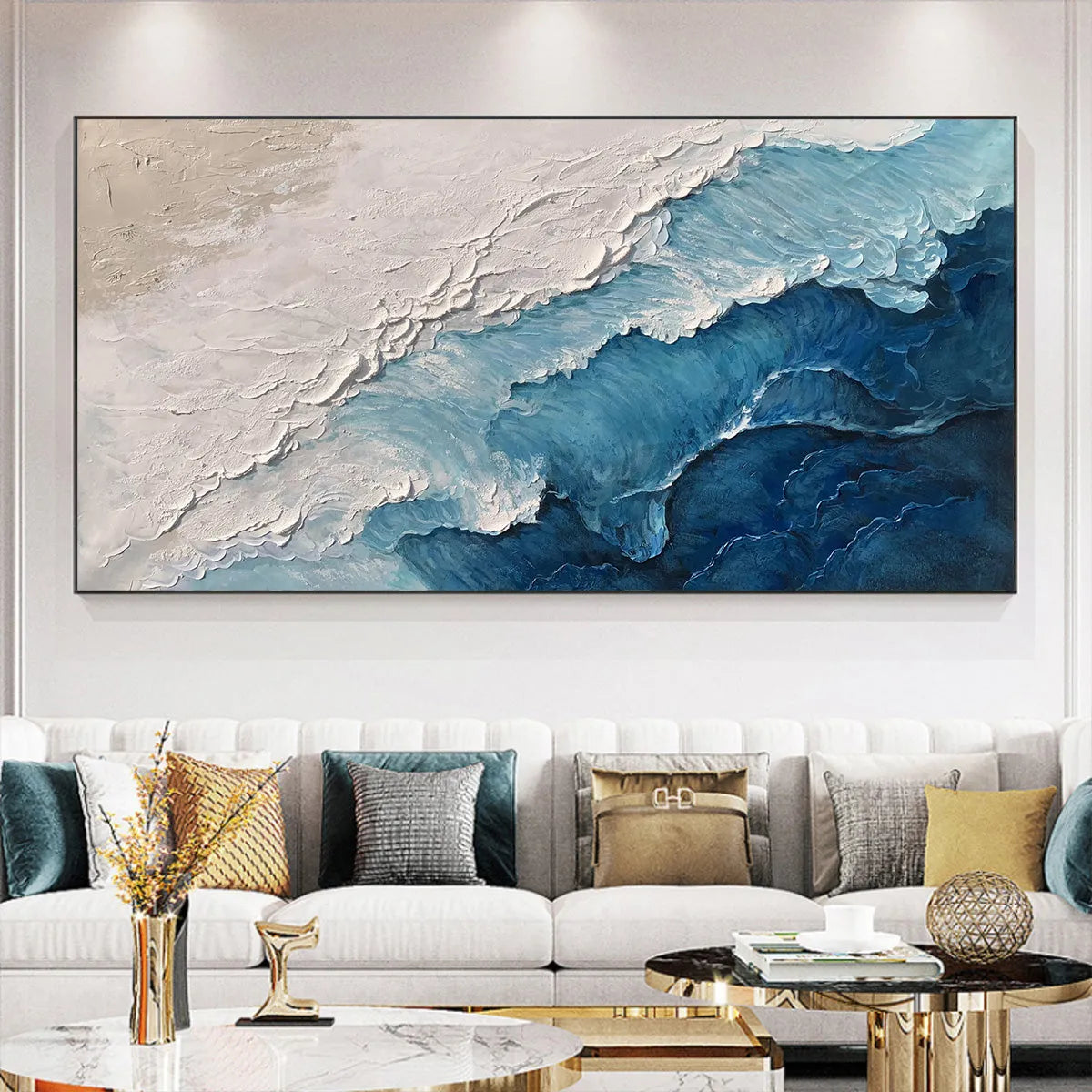 OCEAN WHISPERS: Textured Seascape Painting, Ocean Waves, Blue and White, Living Room, Bedroom