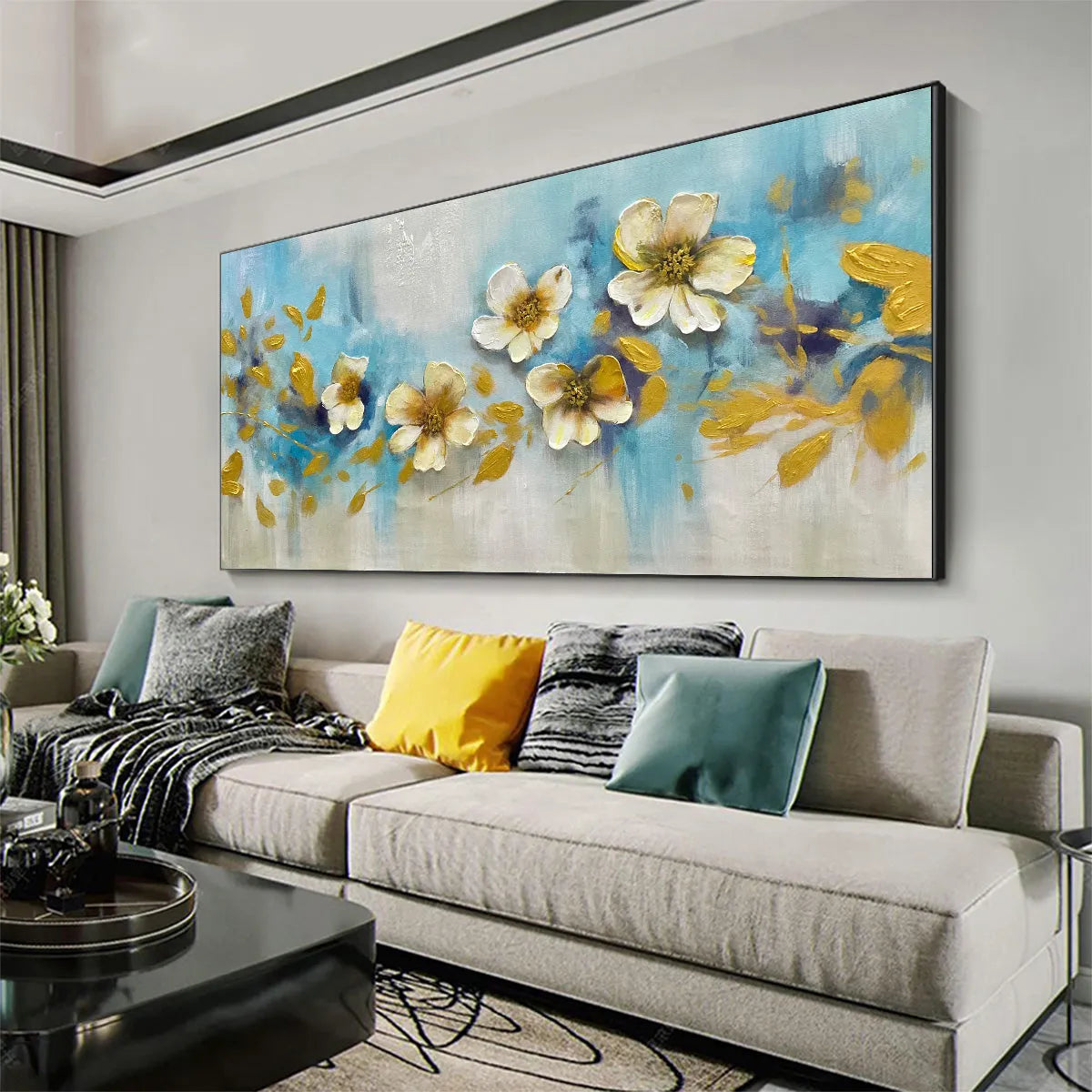 GOLDEN BLOSSOM DRIFT: Floral Painting with Gold Accents