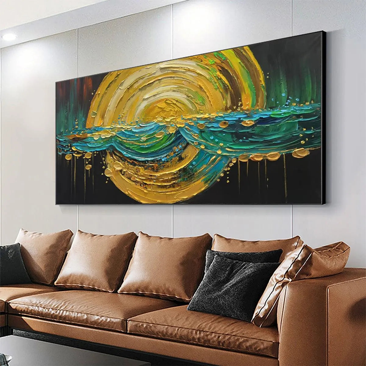 Abstract Sunburst Oil Painting - Gold and Green Art