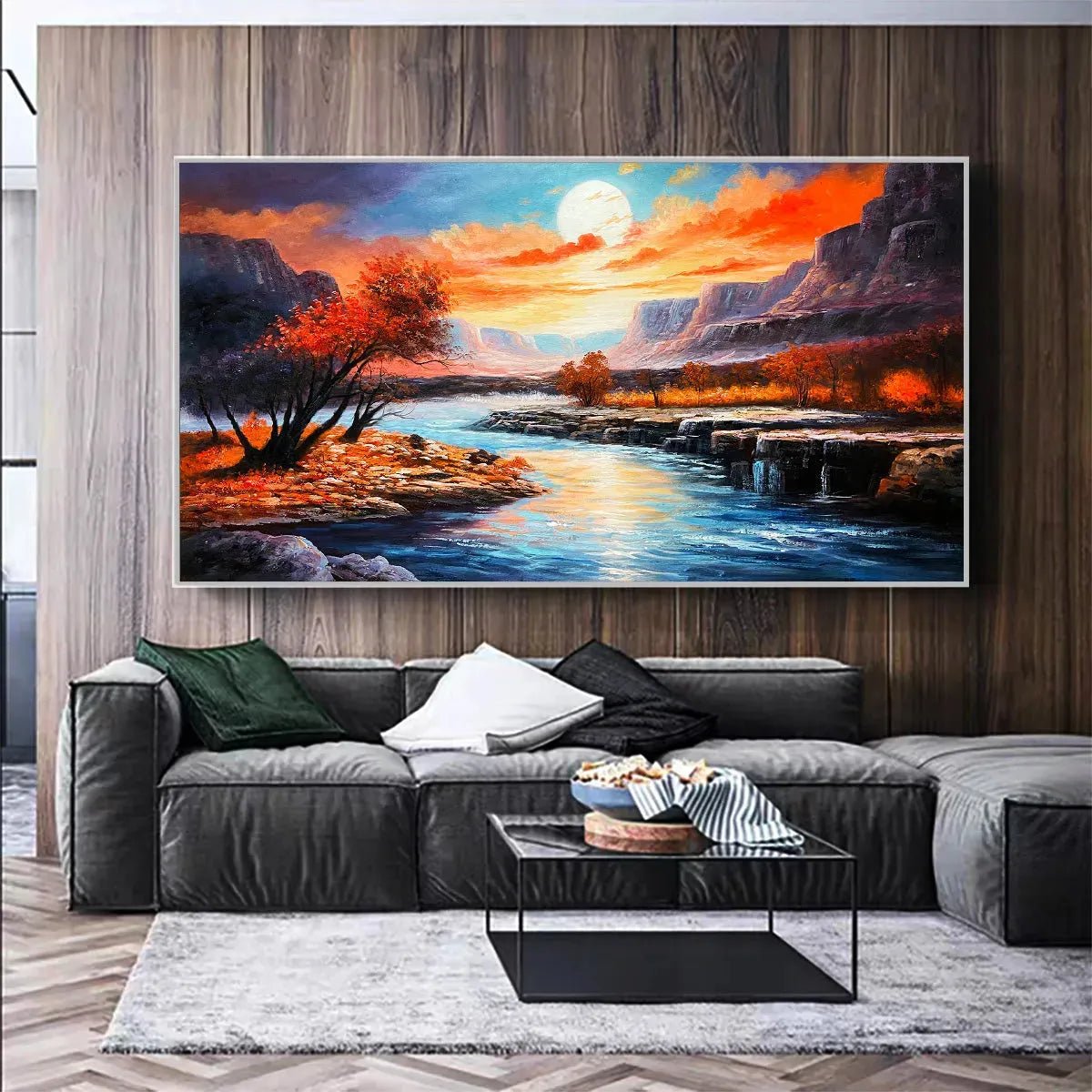 AUTUMN RIVER: Landscape Painting of a River at Sunset, Mountains, and Autumn Trees, Modern Wall Art