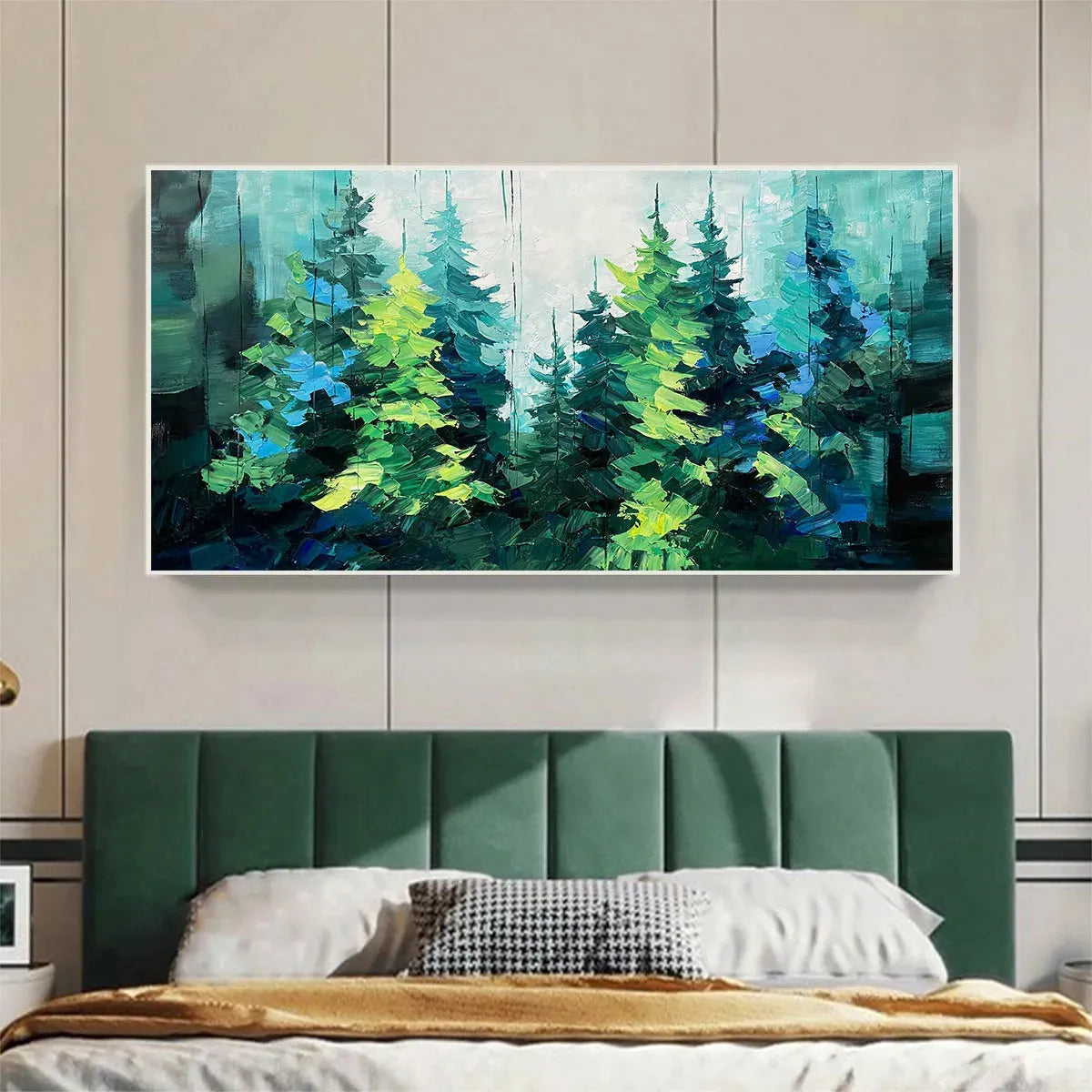 EMERALD FOREST: Panoramic Landscape Painting of an Evergreen Forest, Textured Impasto, Modern Wall Art, Green