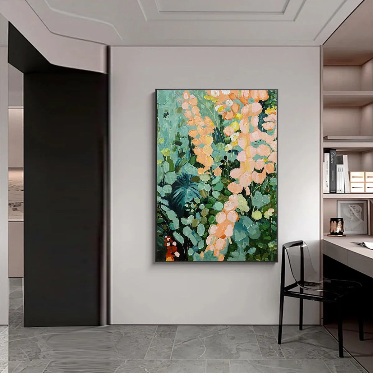 SECRET GARDEN: Vertical Abstract Floral Painting, Textured Green and Pink Garden, Living Room, Bedroom, Dining Room