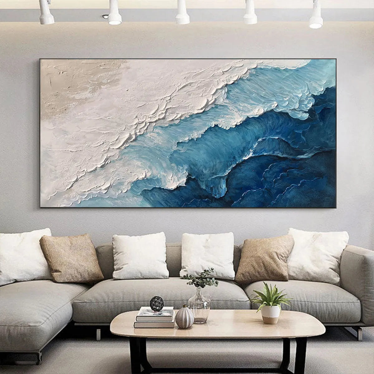 OCEAN WHISPERS: Textured Seascape Painting, Ocean Waves, Blue and White, Living Room, Bedroom