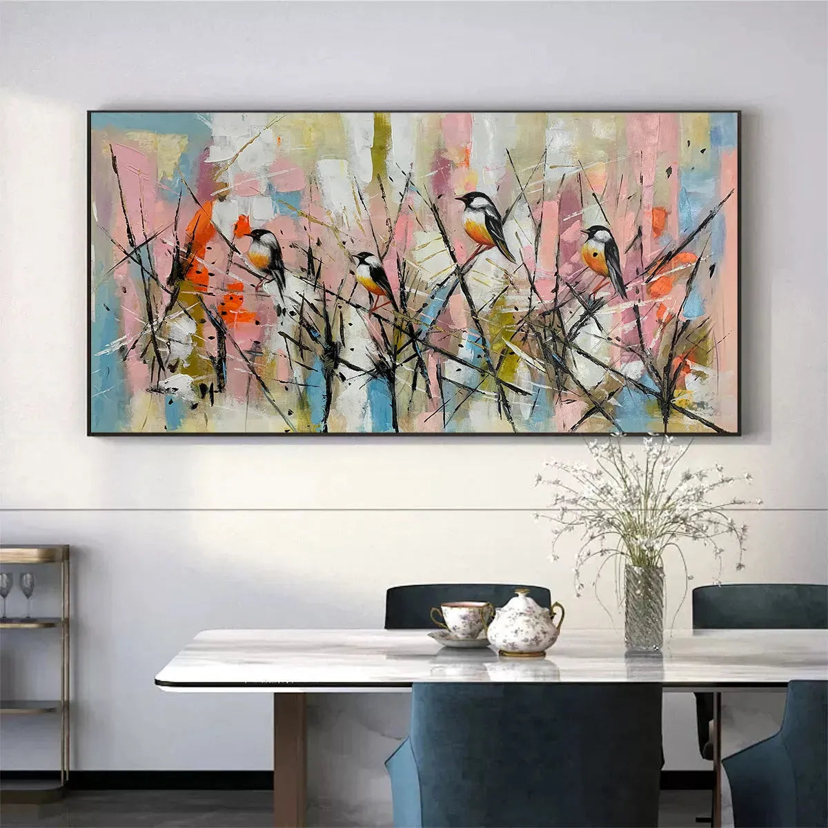 WHIMSICAL BIRDS: Panoramic Painting of Birds on Branches, Pastel Colors, Modern Wall Art, Pink, Blue