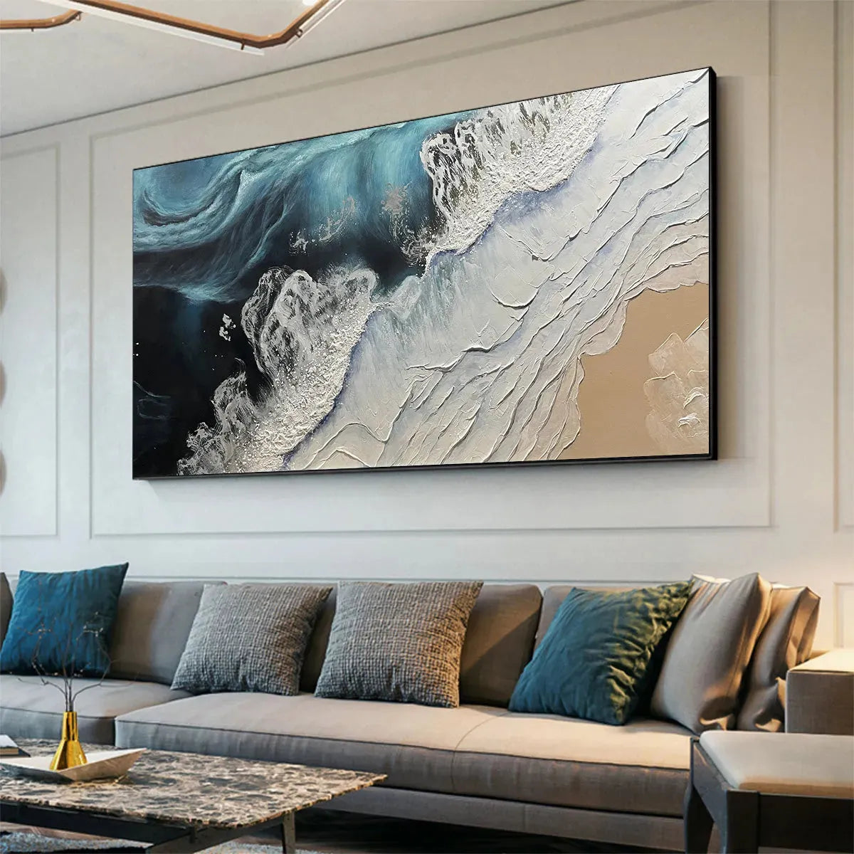 OCEAN’S EMBRACE: Ocean Painting in Blue, White, and Beige, Textured Canvas, Modern Wall Art