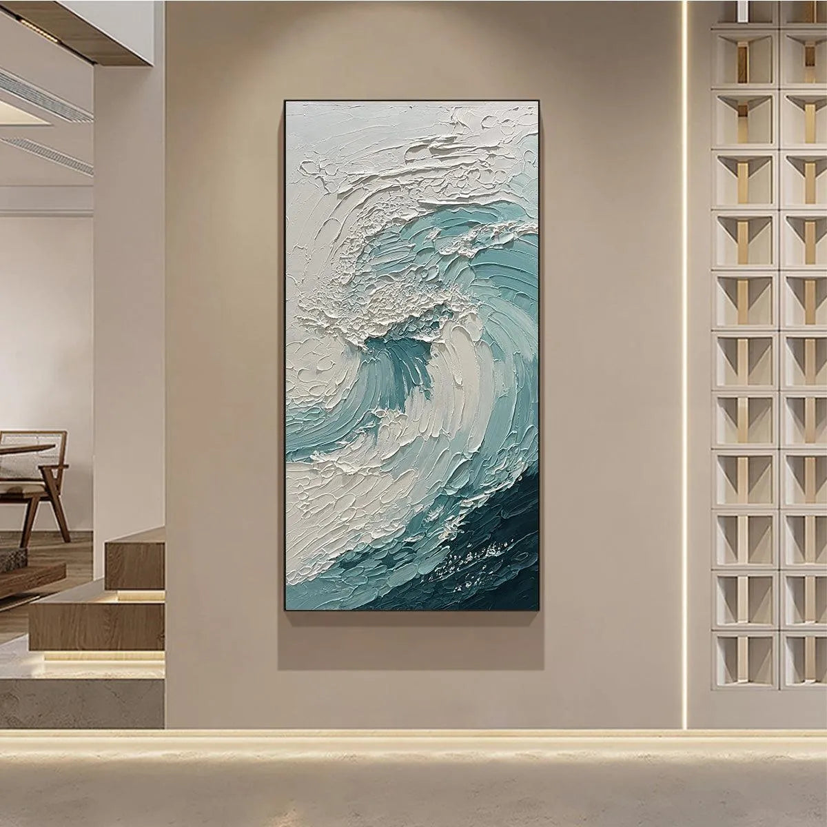 AQUAMARINE CREST: Textured Ocean Wave Painting, Vertical Canvas, Coastal Wall Art