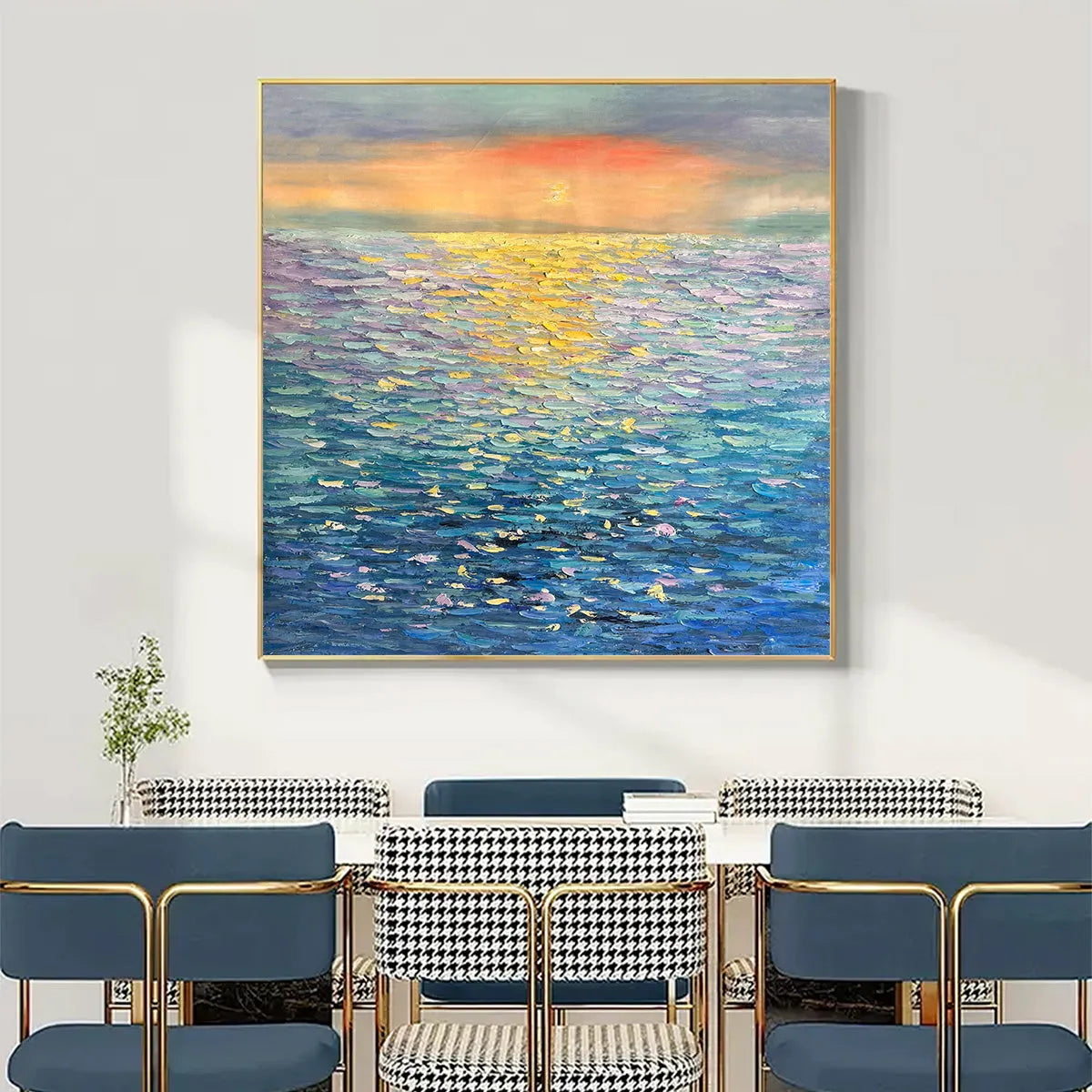 GOLDEN SUNSET OVER WATER: Square Textured Seascape Painting, Palette Knife Ocean Sunset, Blue, Living Room, Bedroom