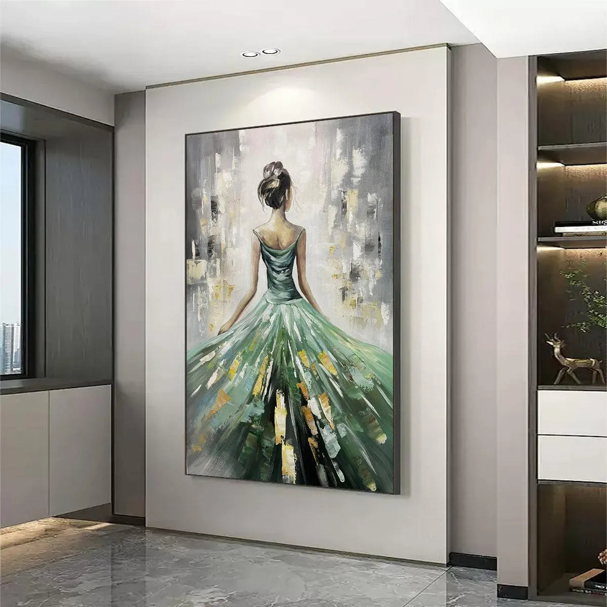 EMERALD GRACE: Elegant Woman in Green Dress, Vertical Canvas, Figurative Wall Art