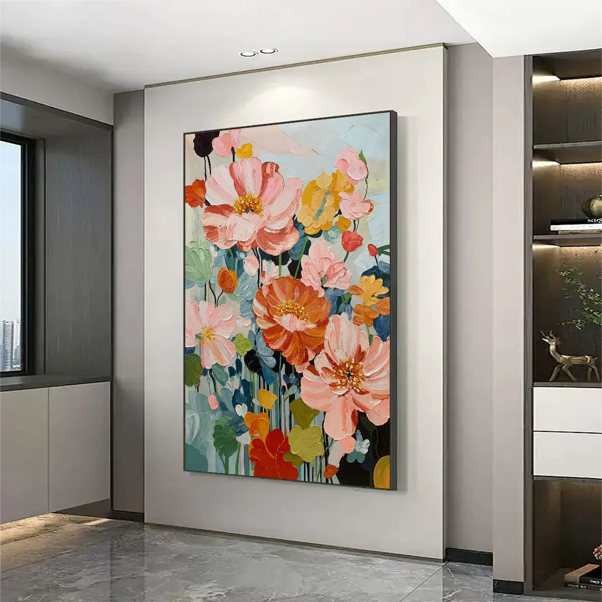 SPRING BOUQUET: Vertical Textured Floral Painting, Impasto Pink and Orange Flowers, Living Room, Bedroom, Dining Room