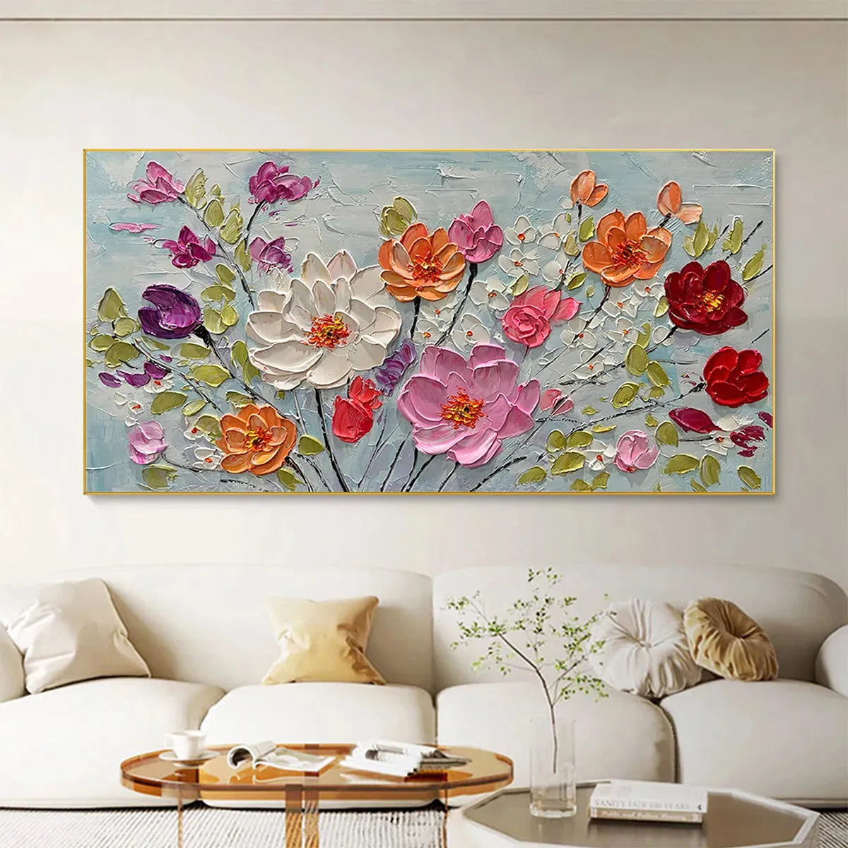 SPRING BOUQUET: Panoramic Impasto Painting of Colorful Flowers, Textured Floral Wall Art for Living Room, Bedroom