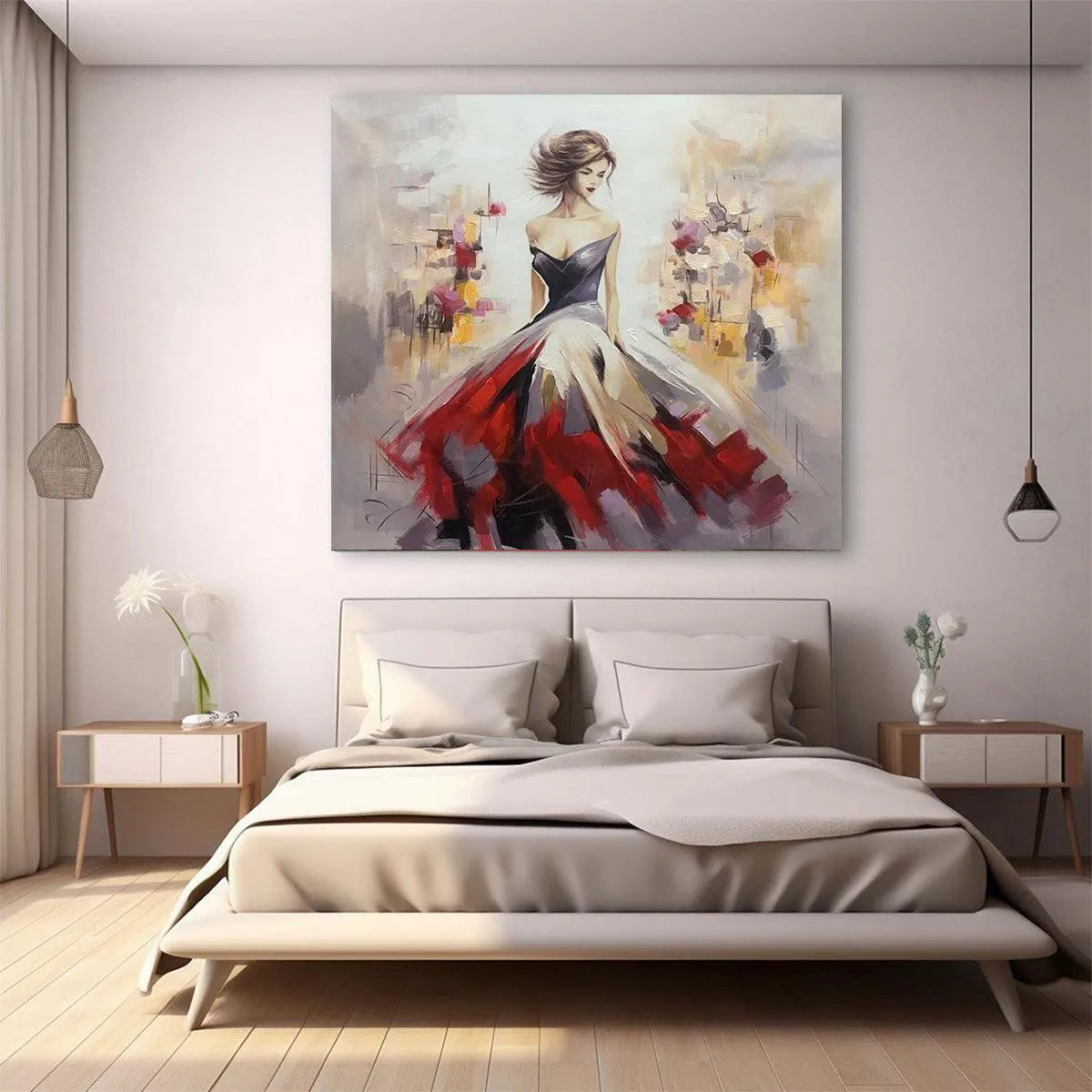 Elegant Lady in Red Dress Oil Painting - Abstract Art