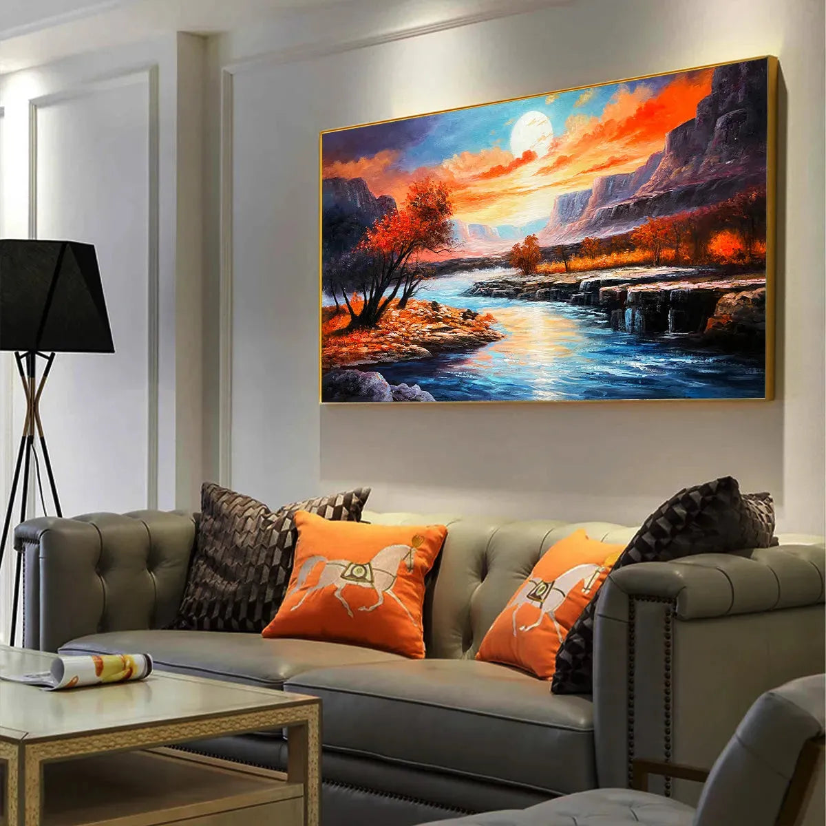 AUTUMN RIVER: Landscape Painting of a River at Sunset, Mountains, and Autumn Trees, Modern Wall Art