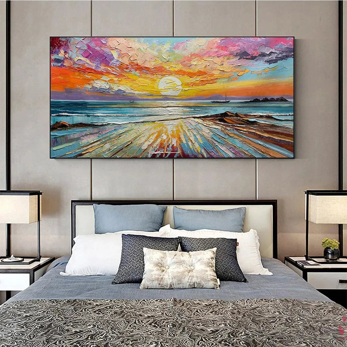 Colorful Seascape Oil Painting - Vibrant Sunset Wall Art for Home
