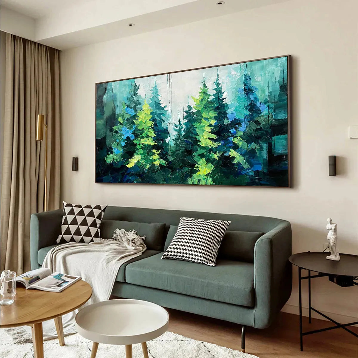 EMERALD FOREST: Panoramic Landscape Painting of an Evergreen Forest, Textured Impasto, Modern Wall Art, Green