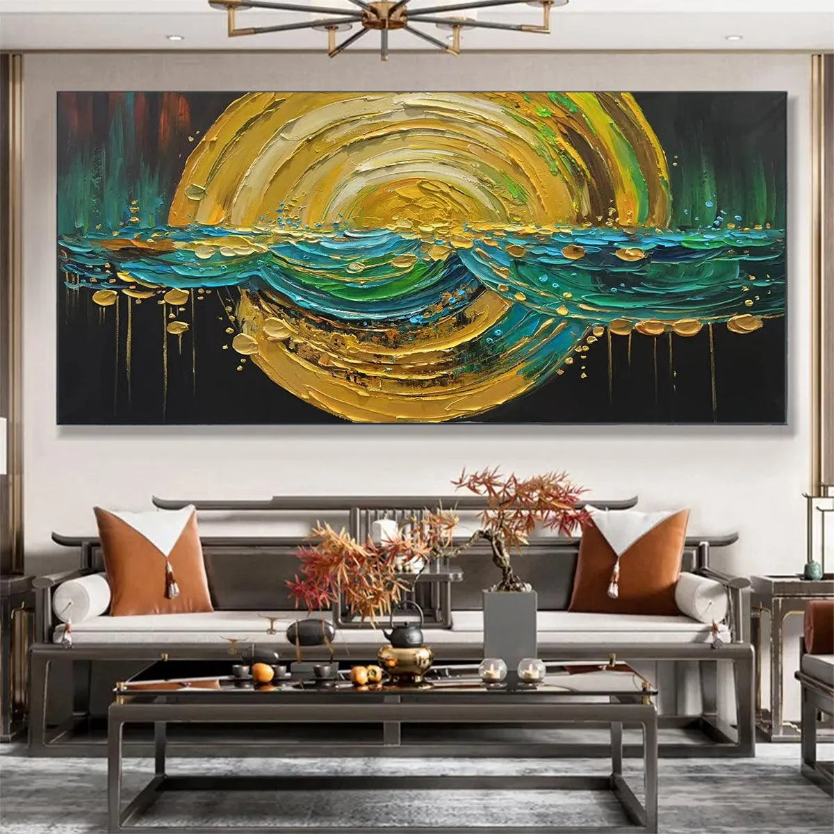 Abstract Sunburst Oil Painting - Gold and Green Art