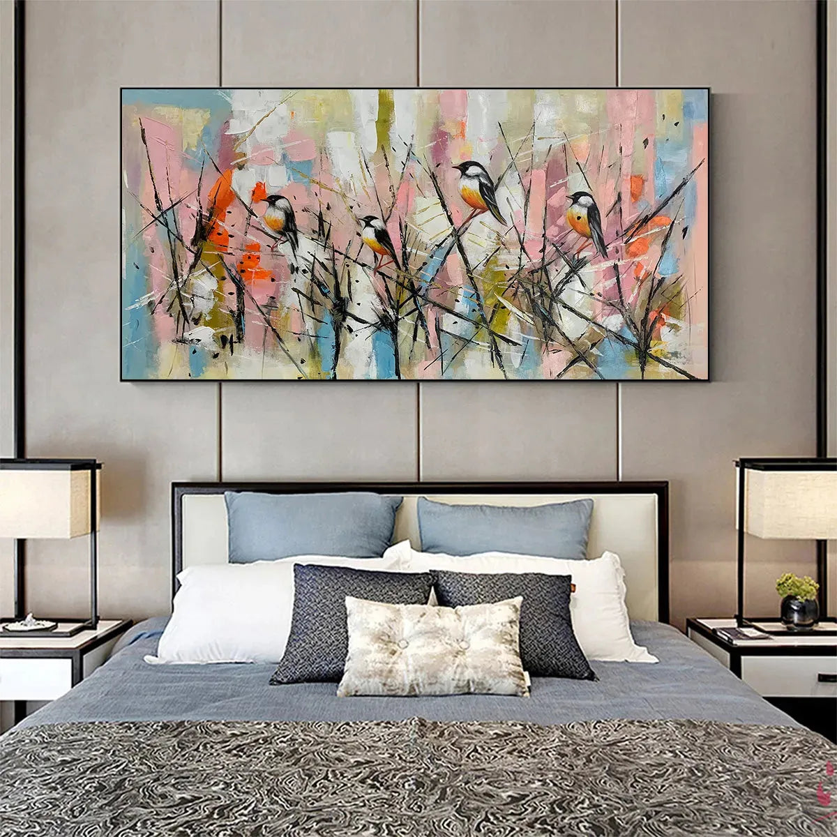 WHIMSICAL BIRDS: Panoramic Painting of Birds on Branches, Pastel Colors, Modern Wall Art, Pink, Blue