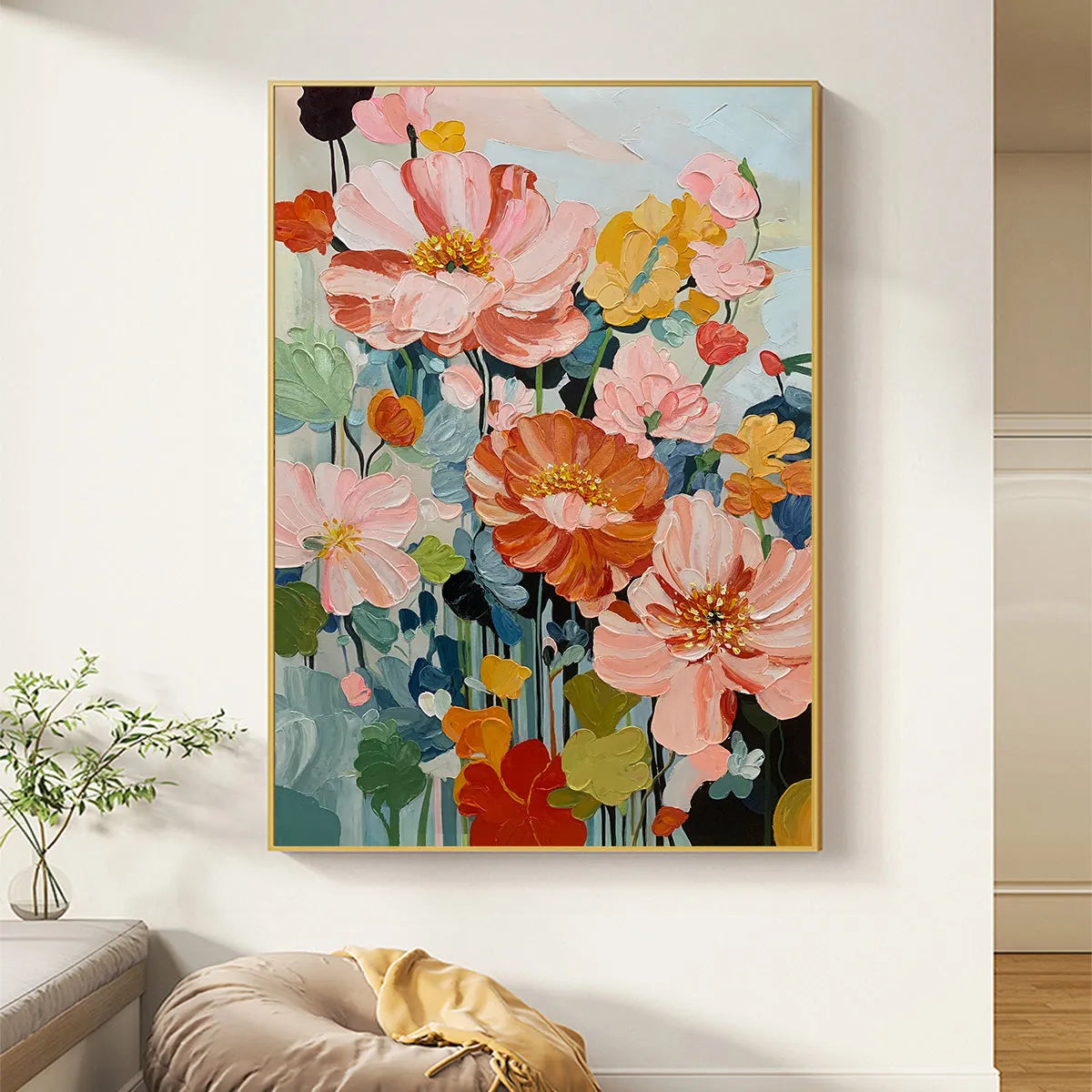 SPRING BOUQUET: Vertical Textured Floral Painting, Impasto Pink and Orange Flowers, Living Room, Bedroom, Dining Room