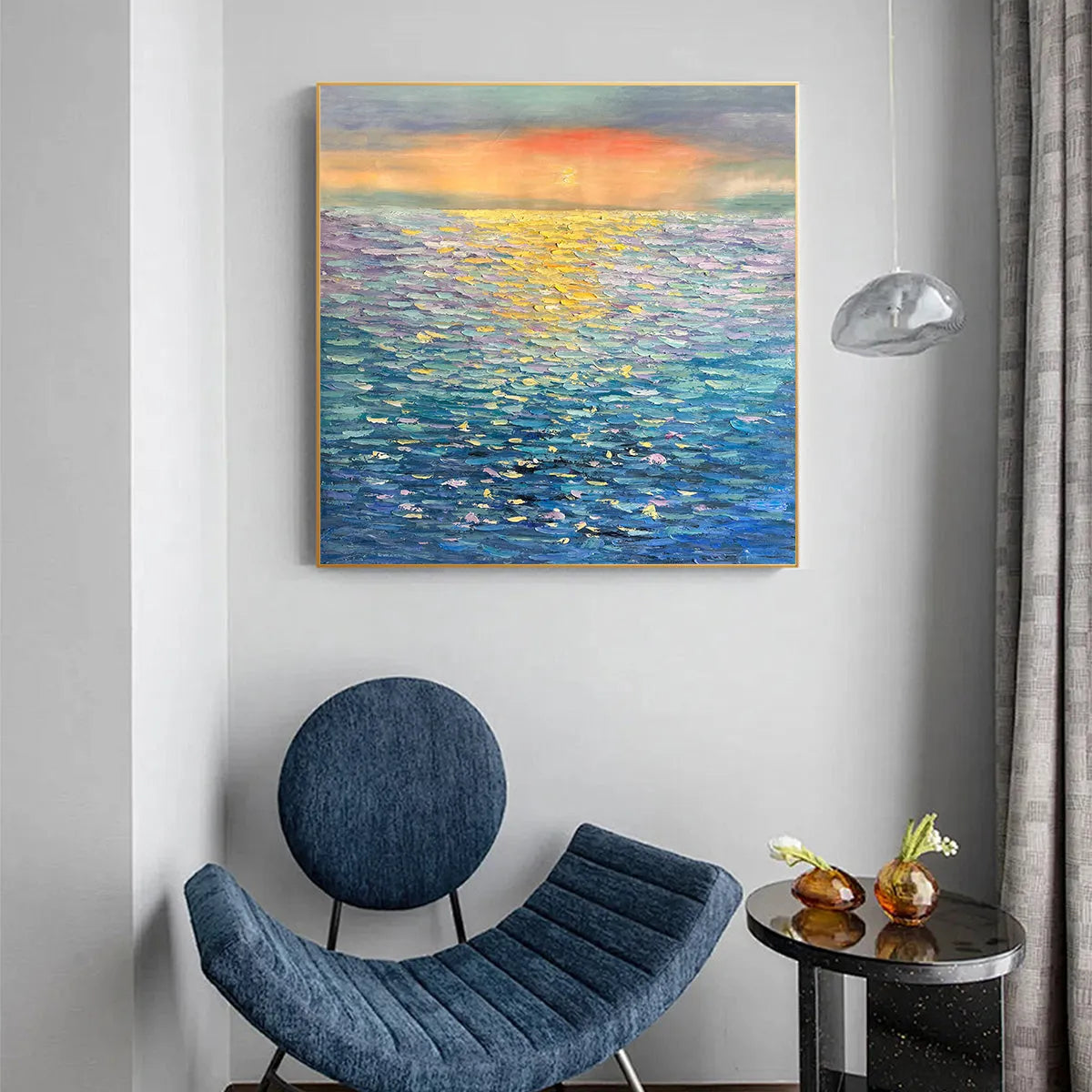 GOLDEN SUNSET OVER WATER: Square Textured Seascape Painting, Palette Knife Ocean Sunset, Blue, Living Room, Bedroom