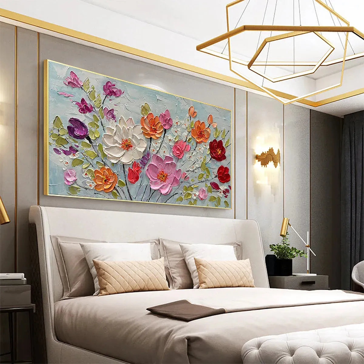 SPRING BOUQUET: Panoramic Impasto Painting of Colorful Flowers, Textured Floral Wall Art for Living Room, Bedroom