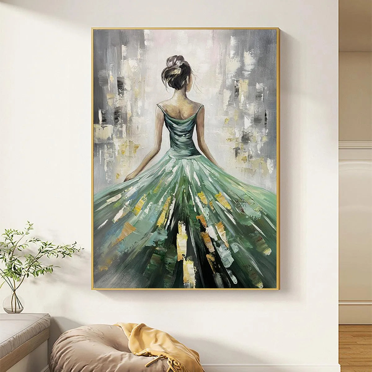 EMERALD GRACE: Elegant Woman in Green Dress, Vertical Canvas, Figurative Wall Art