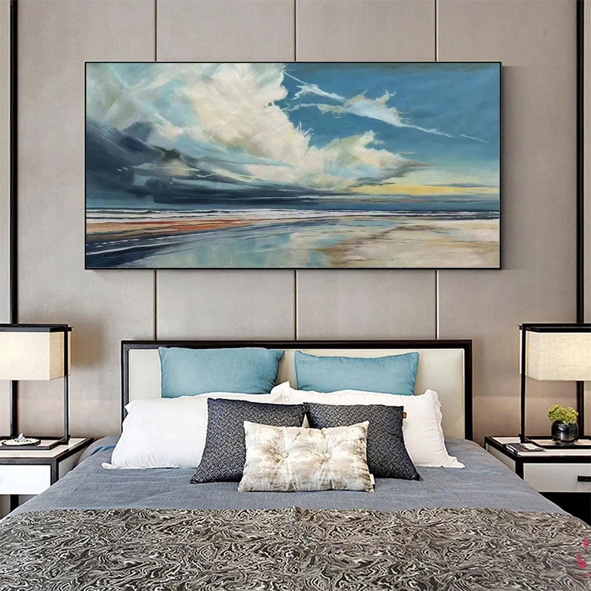 Blue Beachscape Oil Painting - Serene Coastal Decor