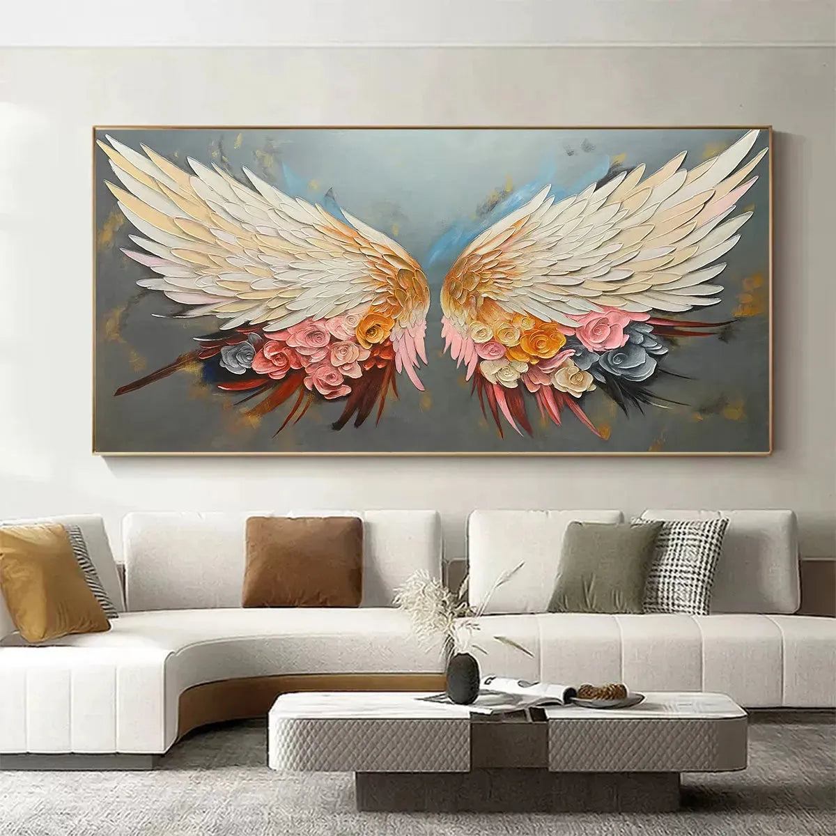 ANGEL WINGS: Panoramic Textured Impasto Painting of Floral Angel Wings, Romantic Wall Art, Bedroom Decor