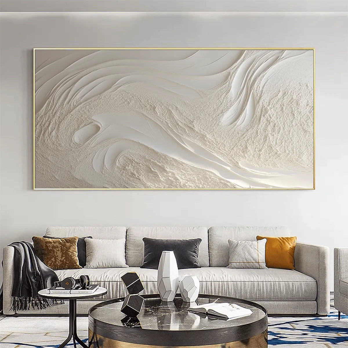 WHITE SANDS: Textured Abstract Painting in Off-White, Panoramic Canvas, Minimalist Wall Art