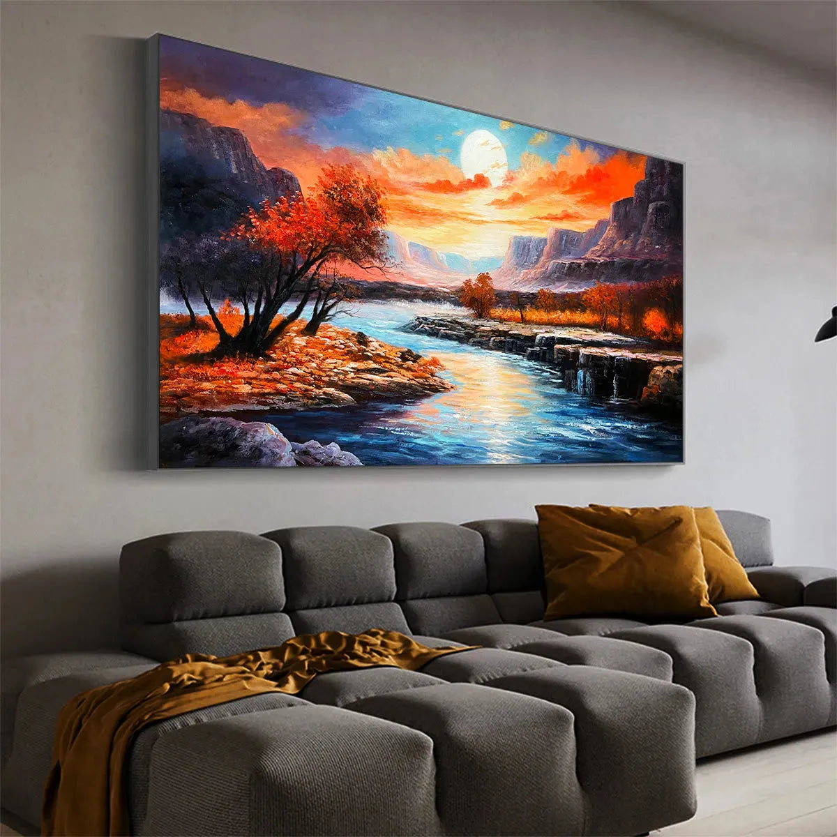 AUTUMN RIVER: Landscape Painting of a River at Sunset, Mountains, and Autumn Trees, Modern Wall Art