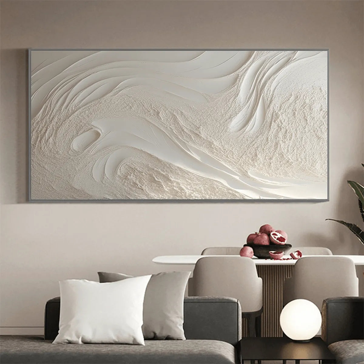 WHITE SANDS: Textured Abstract Painting in Off-White, Panoramic Canvas, Minimalist Wall Art