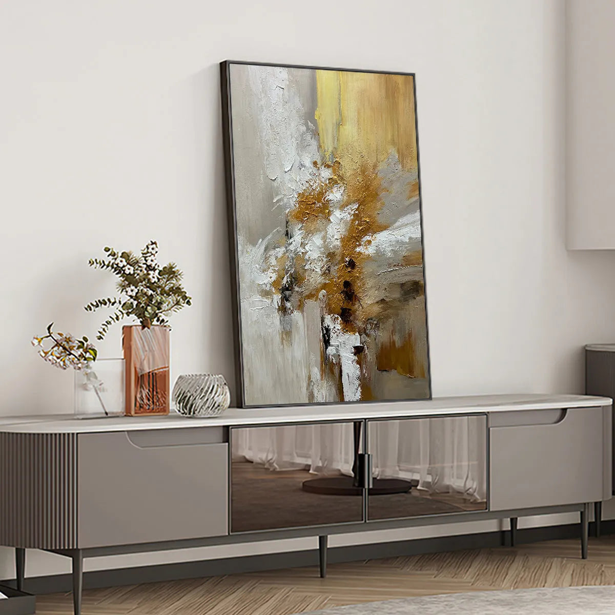 GOLDEN WHISPERS: Textured Abstract Painting in Beige, White, and Gold