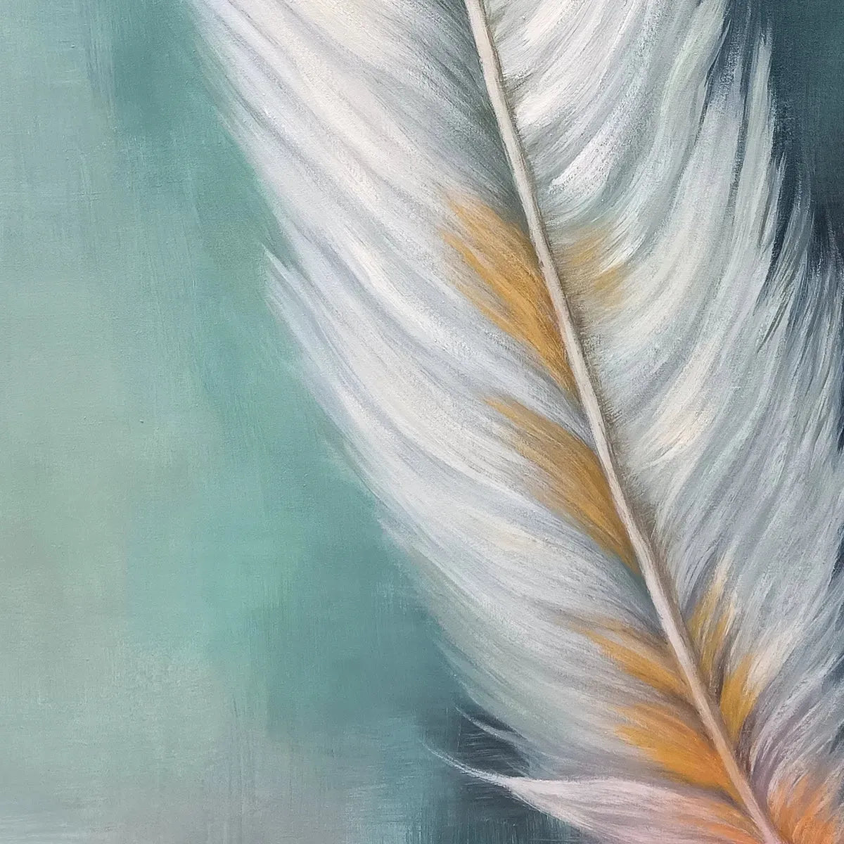 GOLDEN QUILL: White and Gold Feather Painting, Green Background Wall Art, Vertical Canvas, Minimalist Decor