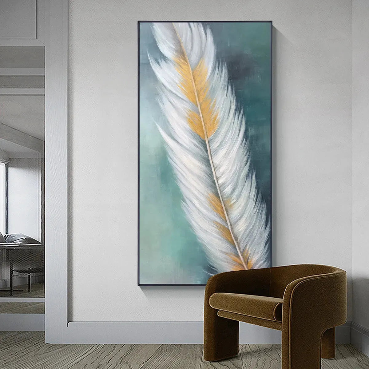 GOLDEN QUILL: White and Gold Feather Painting, Green Background Wall Art, Vertical Canvas, Minimalist Decor