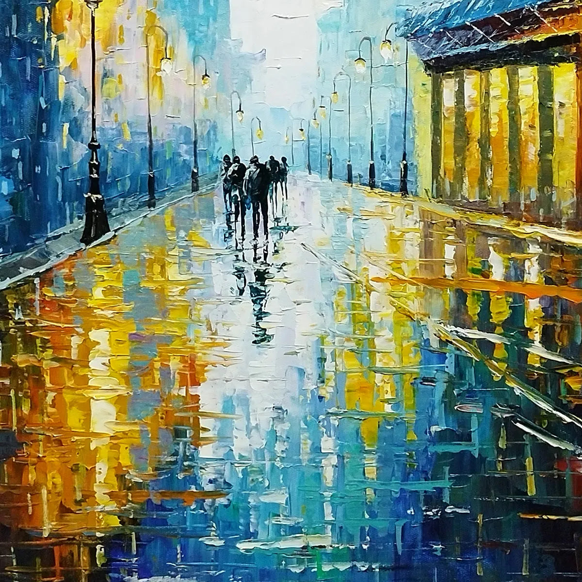 RAINY NIGHT IN PARIS: Textured Cityscape Painting, Rainy Street Scene, Blue, Living Room, Dining Room, Office