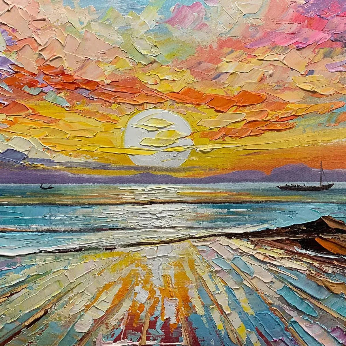 Colorful Seascape Oil Painting - Vibrant Sunset Wall Art for Home